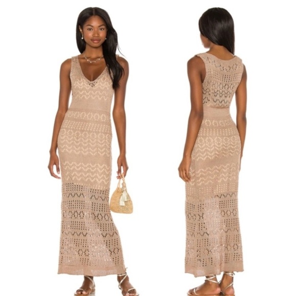 SNDYS Dresses & Skirts - SNDYS Shona Maxi Dress in Mocha Crochet Knit with Mini Slip